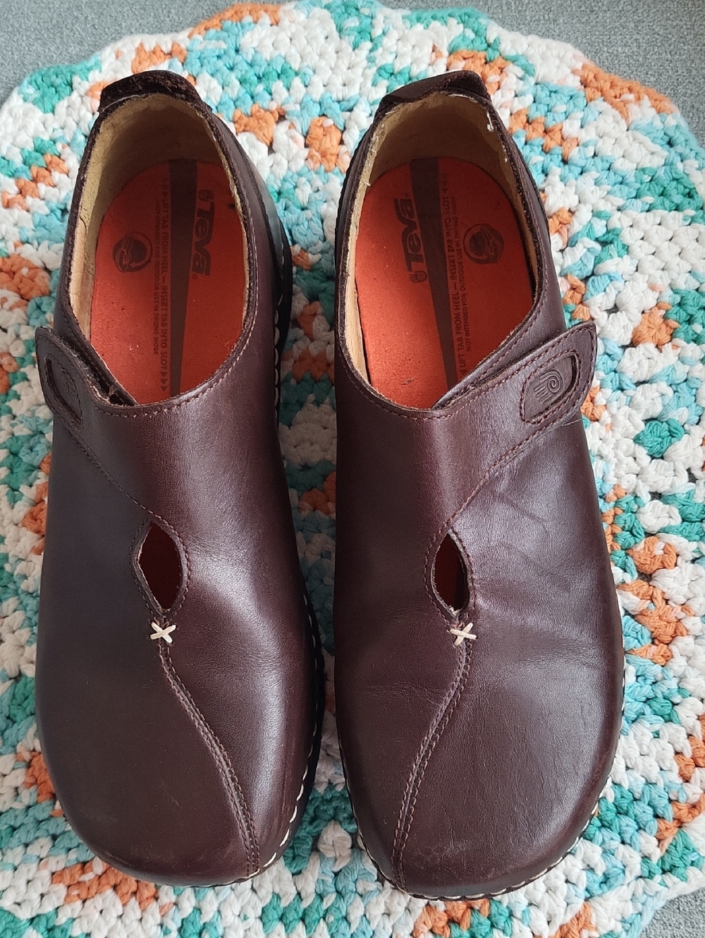 Teva Women's Dark Brown Leather Slip-On Loafers with Orange Insole Size 8